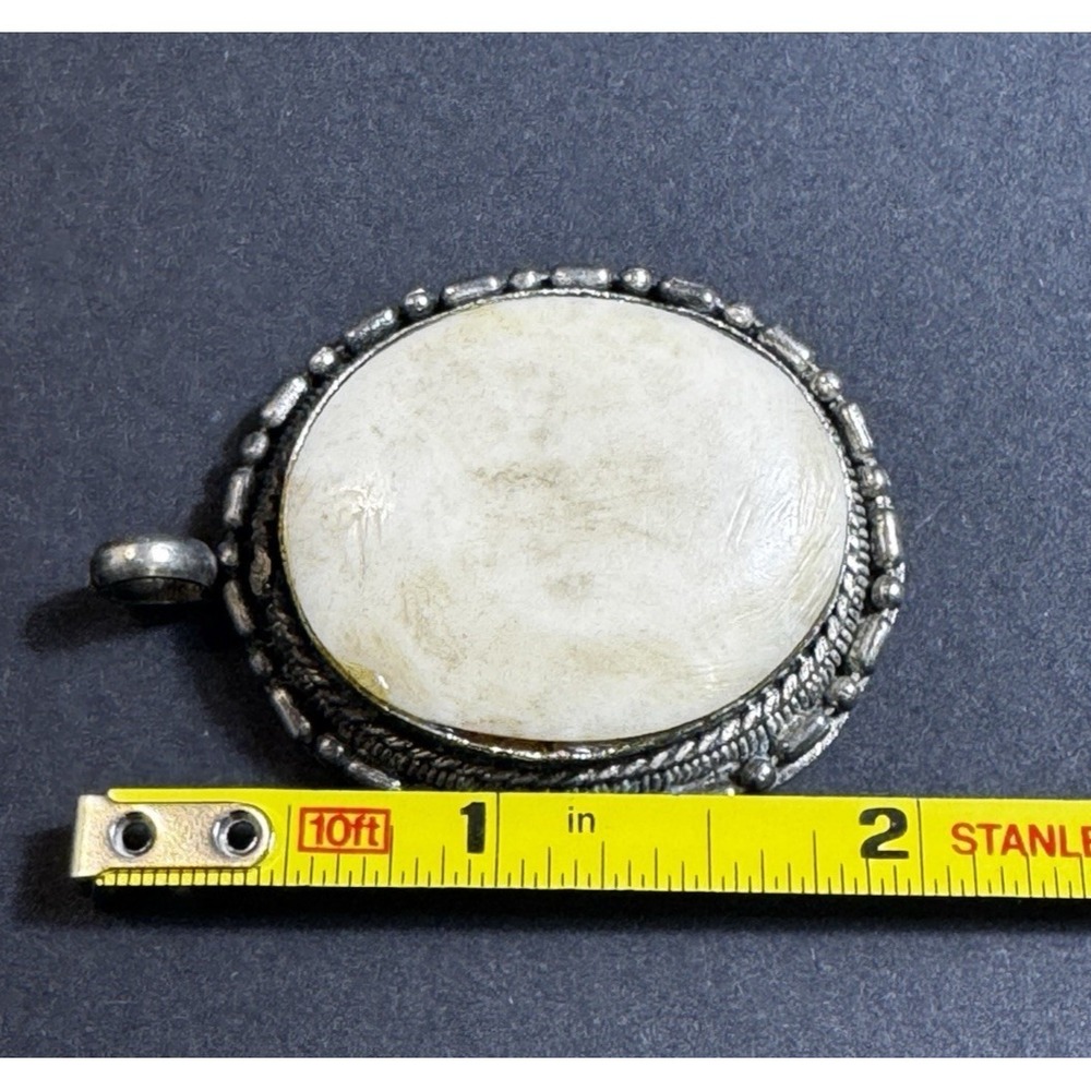 Vintage Large Oval White Silver Tone Marble Stone Granite Pendant READ - Picture 3 of 14